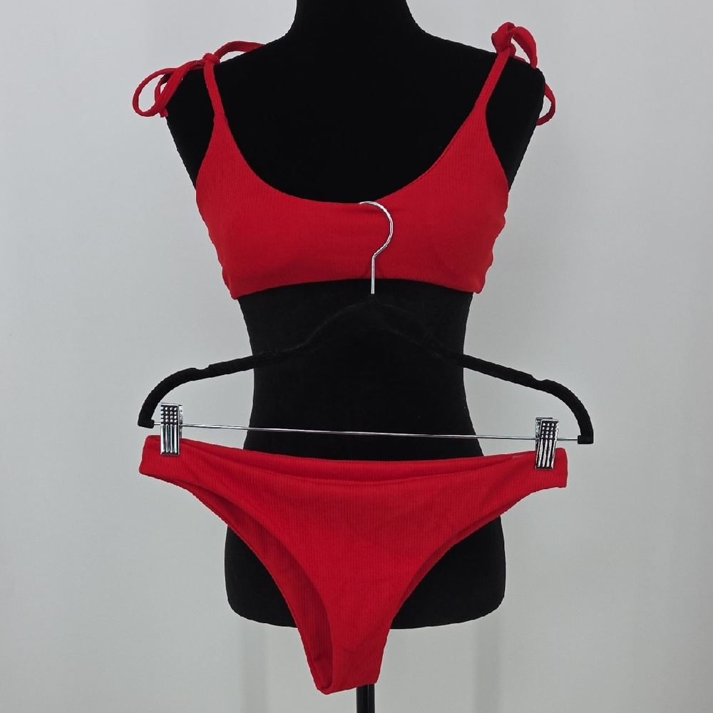 Zaful Red Ribbed Tie-Strap Bikini Set
